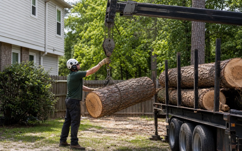 Worker setting a choker strap around a tulip poplar section in a Severn back yard with no drop zone, the crane hook block waiting above it.