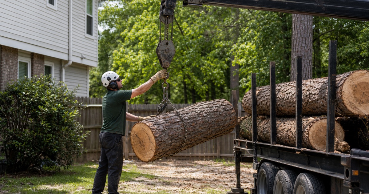 Worker setting a choker strap around a tulip poplar section in a Severn back yard with no drop zone, the crane hook block waiting above it.