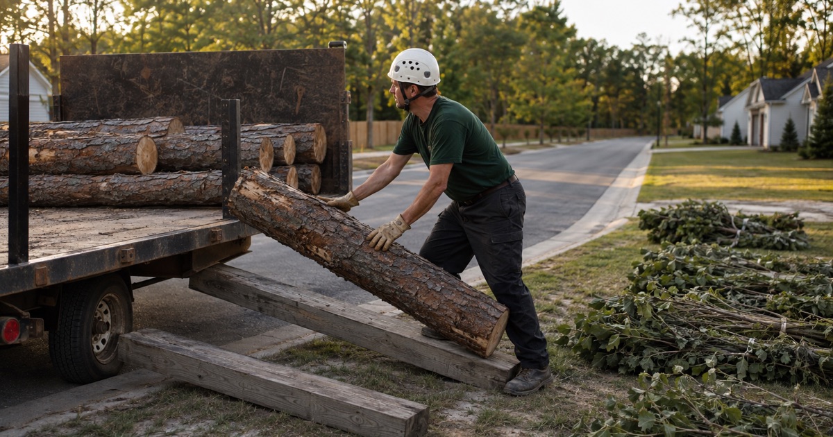 Worker rolling a short loblolly pine log up timber skids onto the crew trailer at a Severn curb, the county-size limb bundles stacked separately for collection.