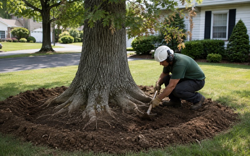Worker at the stem of a sweetgum blown over whole in Severn, the root plate lifted clear of the sandy ground and the trunk caught on the back fence.