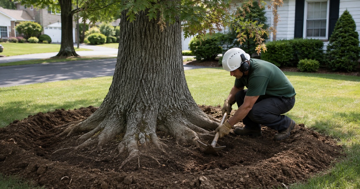 Worker at the stem of a sweetgum blown over whole in Severn, the root plate lifted clear of the sandy ground and the trunk caught on the back fence.