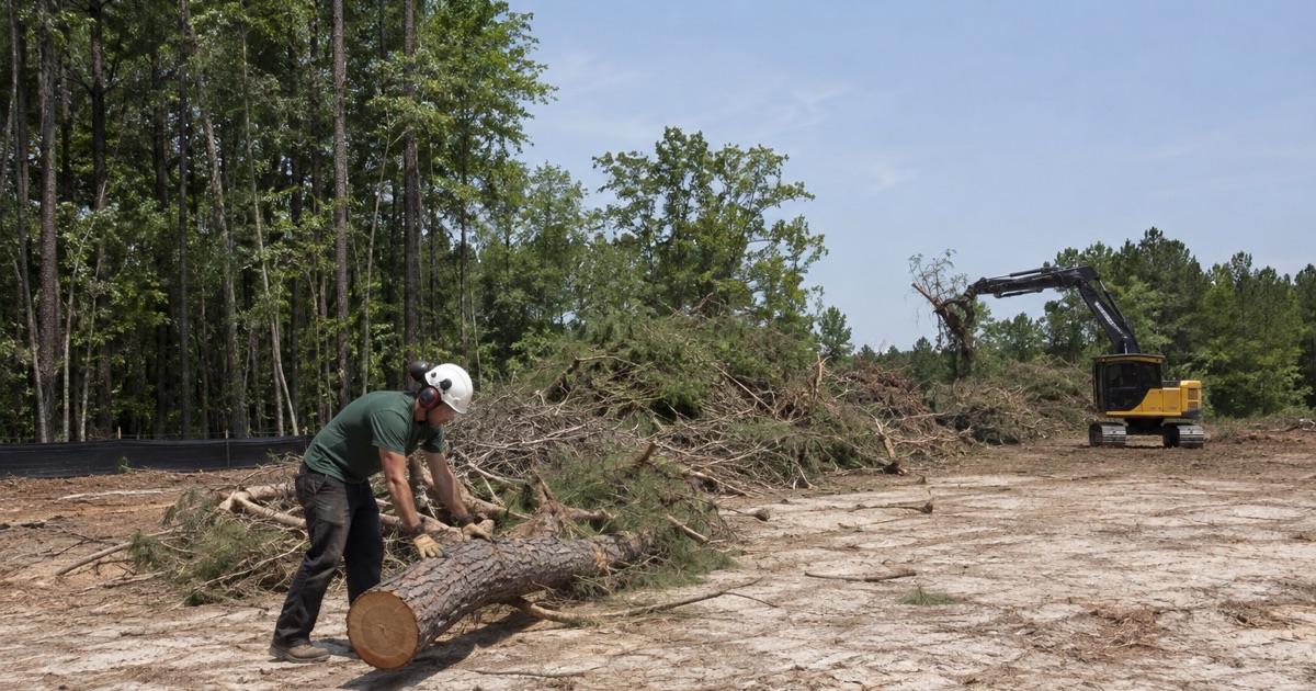 Worker rolling a Virginia pine cull log onto the windrow on a Severn clearing job, the tracked machine bunching brush behind him.