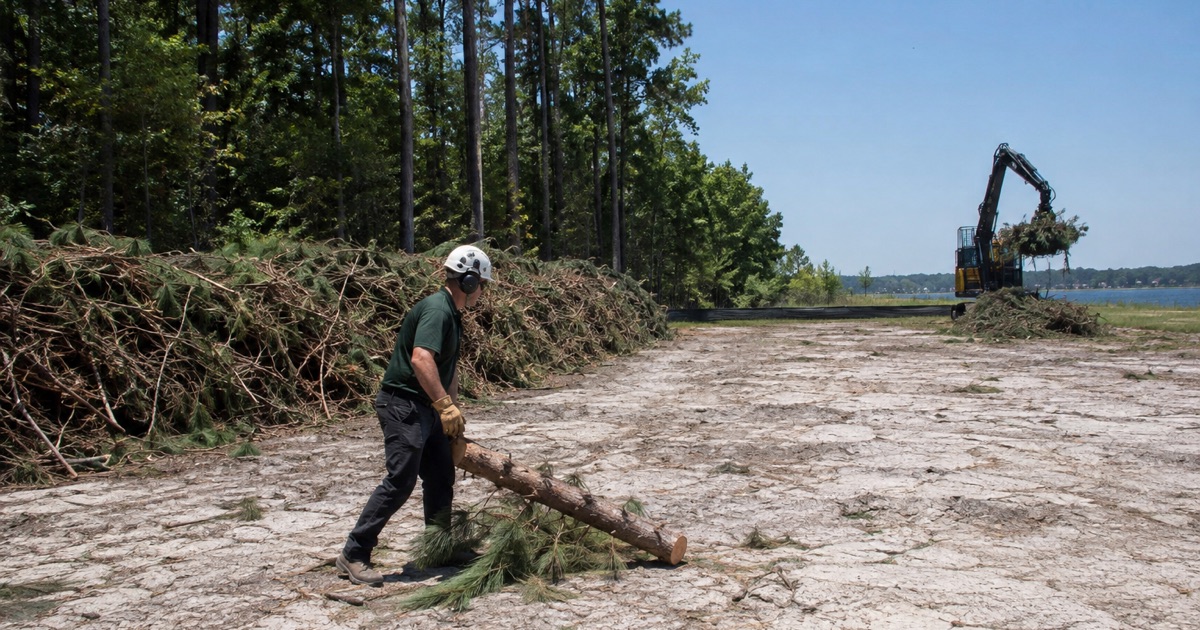 Worker pulling a leyland cypress stem cluster out of a Severn boundary hedge line after the tops have been taken off.