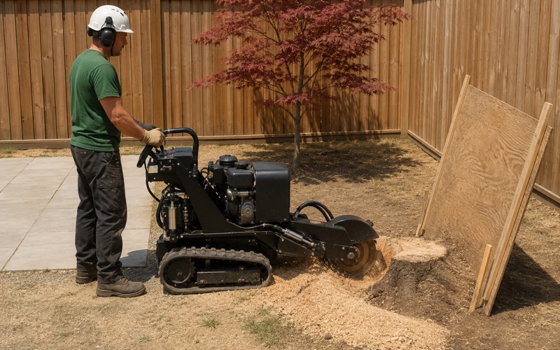 Worker sweeping a grinder wheel across a black cherry stump face in a Severn back yard, the free-draining sandy spoil piling light beside the cut.