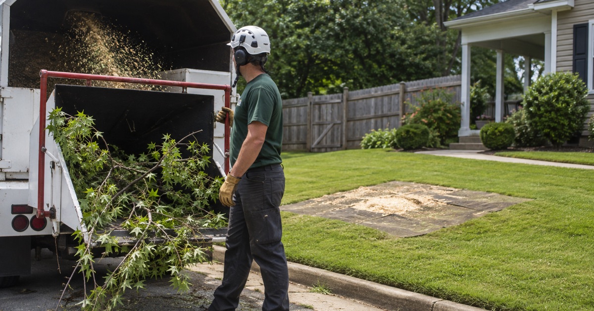 Worker loading brush into the chip box at the curb in Severn, the ground stump and its cone of fresh grindings on the lawn behind him.