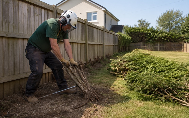 Worker breaking compacted soil at the root collar of a declining white oak in Severn, the flare exposed for inspection.
