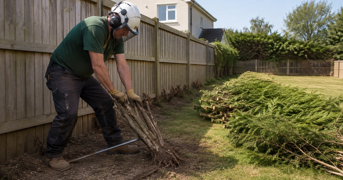 Worker breaking compacted soil at the root collar of a declining white oak in Severn, the flare exposed for inspection.