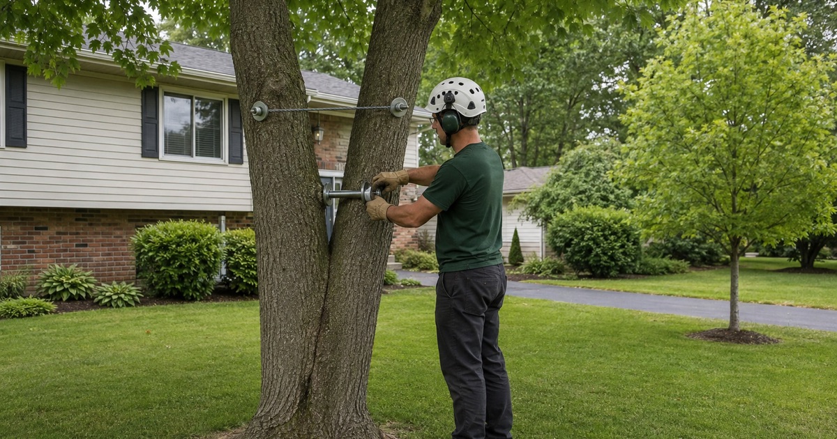 Worker at the bole of a large white oak standing in the Severn right-of-way between sidewalk and curb, the position of the trunk being what decides the permit.
