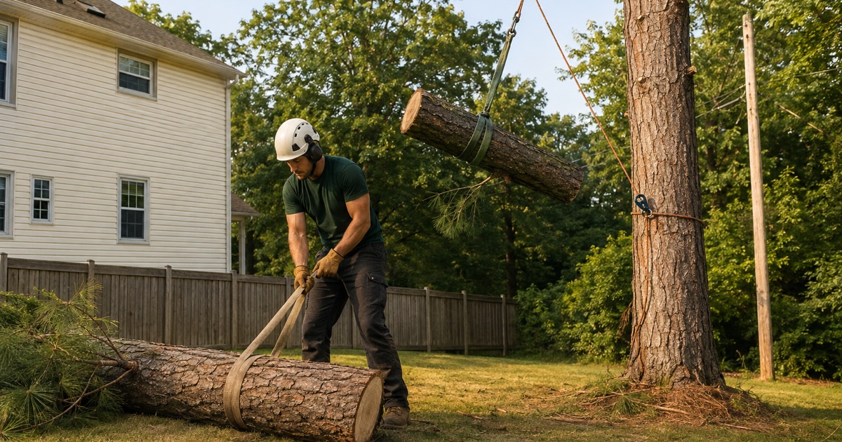 Worker at the base of a loblolly pine spar in a Severn back yard, one hand closed on the sling of a lowered section as the next one comes down on a summer evening.