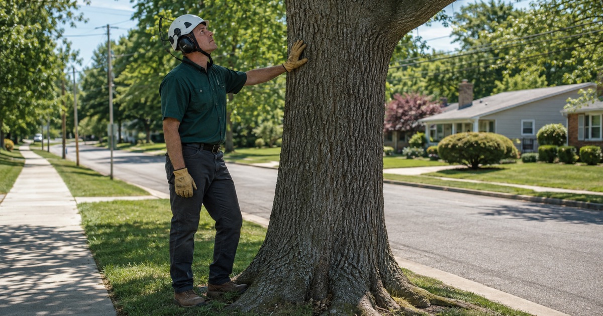 Worker fitting a brace rod through the union of a co-dominant red maple in a Severn front yard, the support system being the alternative to taking the tree out.